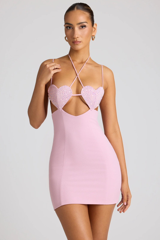 Embellished Heart Cup Detail Mini Dress in Soft Pink - UK Size:10